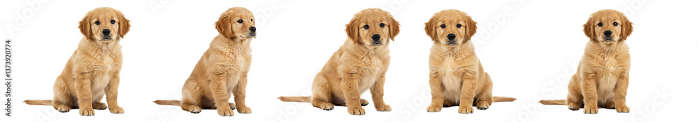 Golden retriever puppy sitting poses isolated on a plain light color pet animal studio shot pack of five transparent background Golden retriever puppy sitting poses isolated on a plain light color pet animal studio shot pack of five transparent background