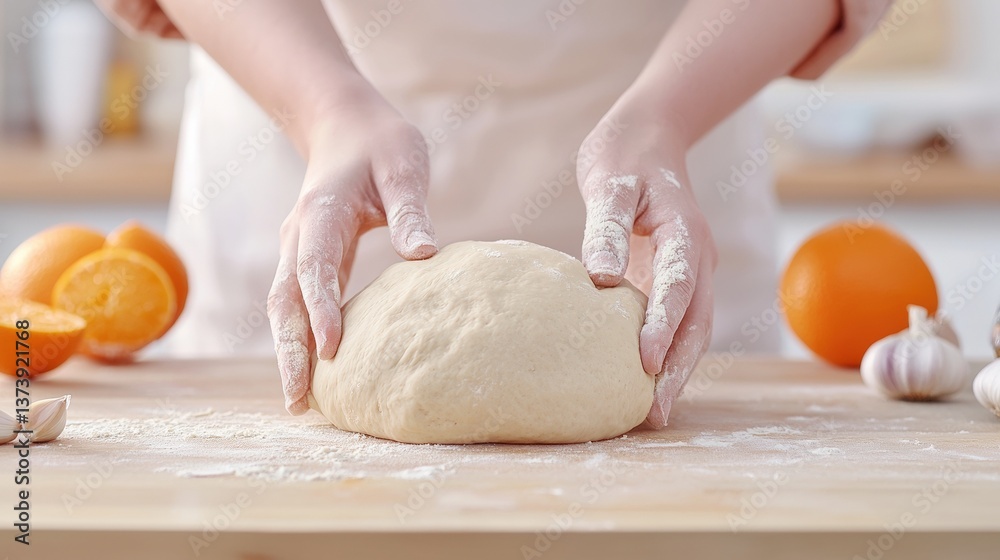 A person kneads dough on a wooden surface, surrounded by flour and fresh ingredients like oranges and garlic, creating a warm, inviting kitchen scene. A person kneads dough on a wooden surface, surrounded by flour and fresh ingredients like oranges and garlic, creating a warm, inviting kitchen scene.