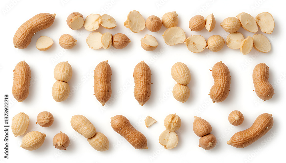 Obraz premium A mix of raw and roasted peanuts arranged aesthetically, isolated on a transparent background—ideal for culinary designs, health blogs, and organic food branding