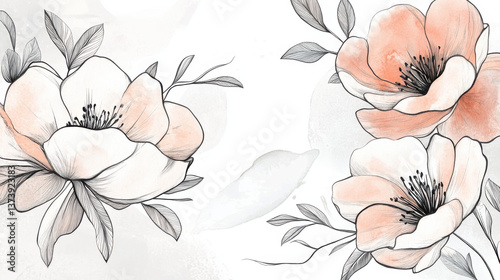 A hand-illustrated botanical artwork featuring large floral blooms with ink contour lines, soft pink watercolor fills, scattered leaves and vines intertwined gently over a cloudy white base