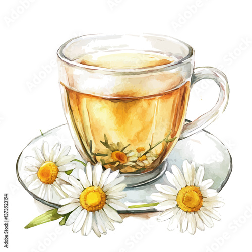 A watercolor vector of chamomile tea, isolated on a white background. Chamomile tea vector.


