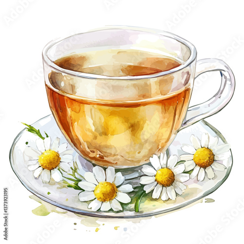 A watercolor vector of chamomile tea, isolated on a white background. Chamomile tea vector.

