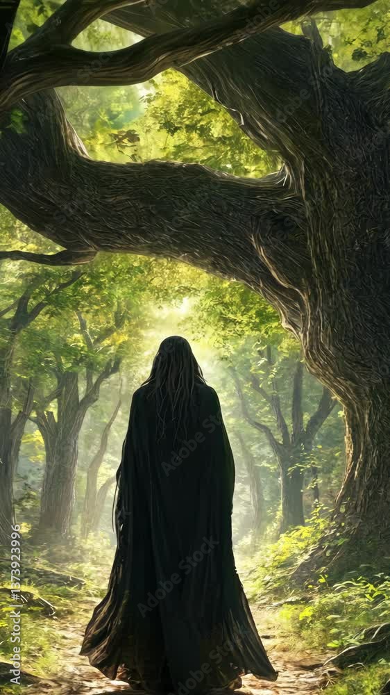 Mysterious figure stands in a lush forest at dawn, surrounded by ancient trees and ethereal light Mysterious figure stands in a lush forest at dawn, surrounded by ancient trees and ethereal light