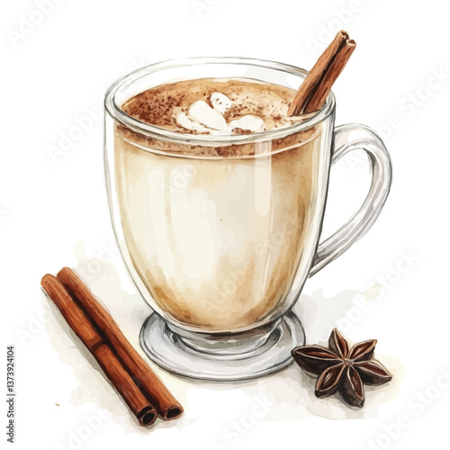 A watercolor vector of chai tea latte, isolated on a white background. Chai tea latte vector.

