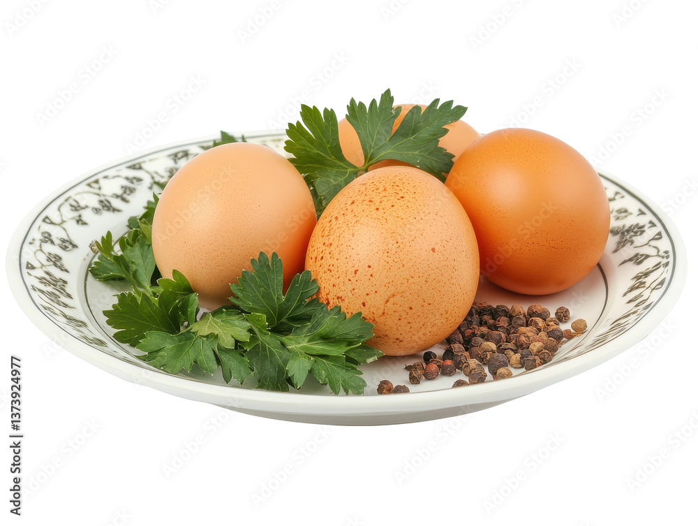 Isolated Eggs on a Plate with Parsley and Pepper Isolated Eggs on a Plate with Parsley and Pepper
