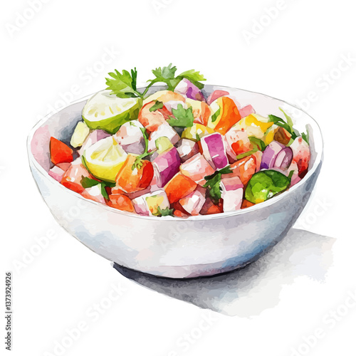 A watercolor vector of ceviche, isolated on a white background. Ceviche vector.


