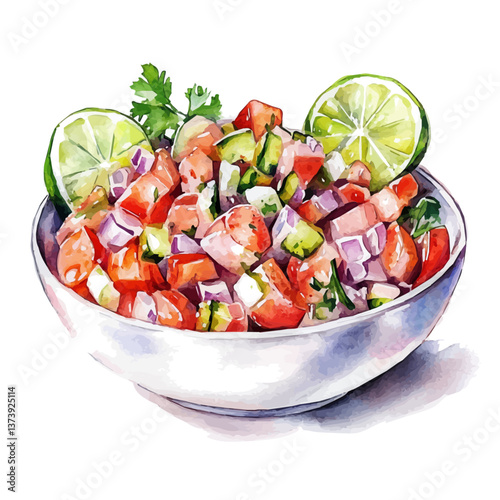 A watercolor vector of ceviche, isolated on a white background. Ceviche vector.

