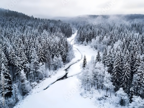 Scenic Winter Wonderland: Aerial View of Snow-Covered Forested Valley with River Bend and Icy Reflections – Tranquil Snowy Terrain in Remote Wilderness