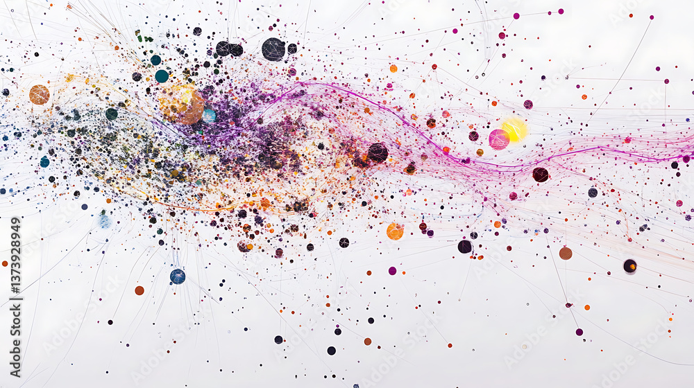 Fototapeta premium Abstract Network of Interconnected Colored Dots with Lines on a White Background, Representing Data Flow and Connectivity