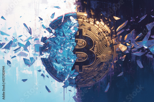 An abstract depiction of a bitcoin symbol. A coin split in half