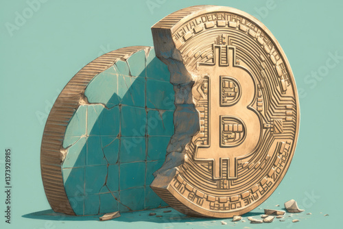 An abstract depiction of a bitcoin symbol. A coin shattered in pieces