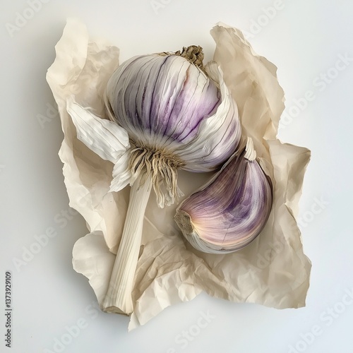 Purple garlic bulb and clove on crumpled paper background