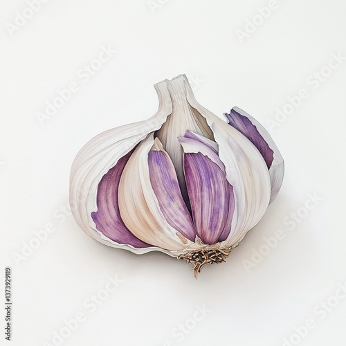 Purple garlic cloves in half bulb on white background