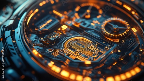 Futuristic watch mechanism, close-up, glowing, intricate gears, technology background, advertising