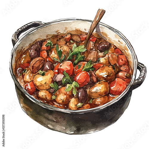 A watercolor vector of cassoulet, isolated on a white background. Cassoulet vector.

