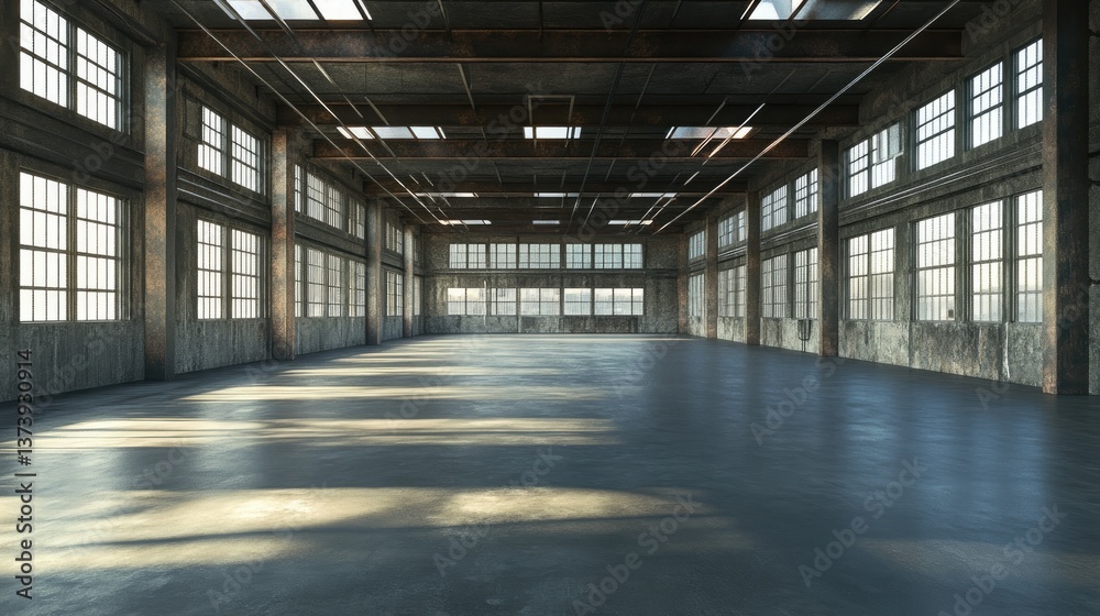 Empty Industrial Warehouse Space with Large Windows and Natural Light Empty Industrial Warehouse Space with Large Windows and Natural Light