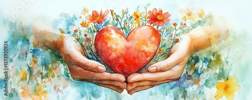 A beautiful watercolor artwork of hands holding a heart, with flowers sprouting from it, symbolizing the nurturing of love, charity, and emotional connection photo