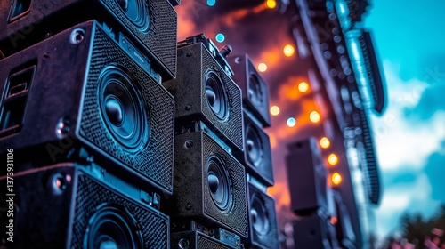 Stacked concert speakers and sound system equipment at live event with lights and powerful audio setup for music festivals and performances, Generative AI