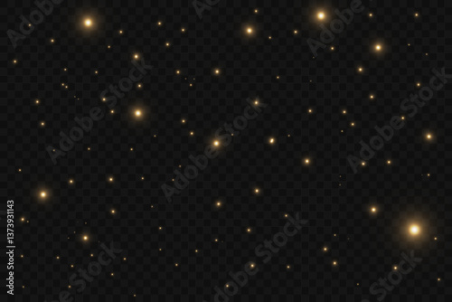 Magic gold dust and highlights. Glowing glitter of smoke or splashes. Golden Rain. Stardust sparkles with an explosion on transparent background. Sparks golden stars shine with special light vector.