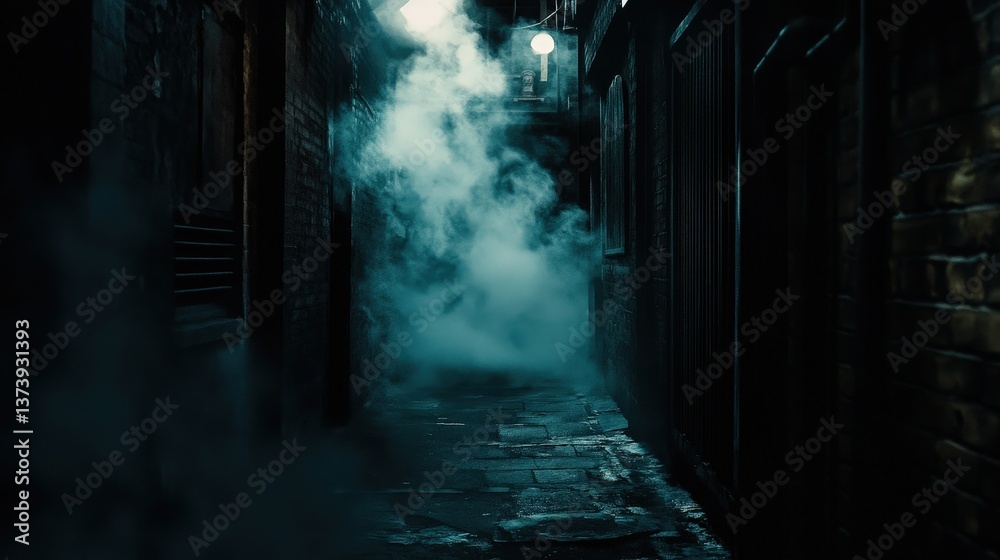A dark alleyway with steam and smoke rising from underground vents, creating a cinematic noir effect A dark alleyway with steam and smoke rising from underground vents, creating a cinematic noir effect