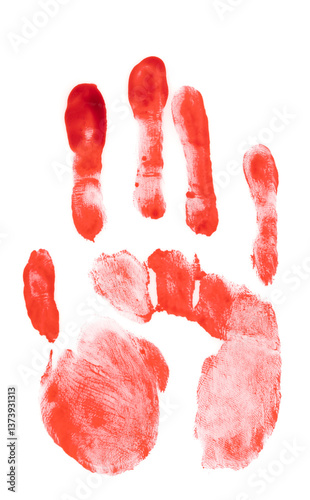 Bloody human palm print isolated on white background. Flowing blood stains, splashes and drops. horror. murder