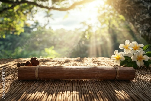 Traditional paipo board on woven lauhala mat, plumeria flowers and kukui nuts nearby 