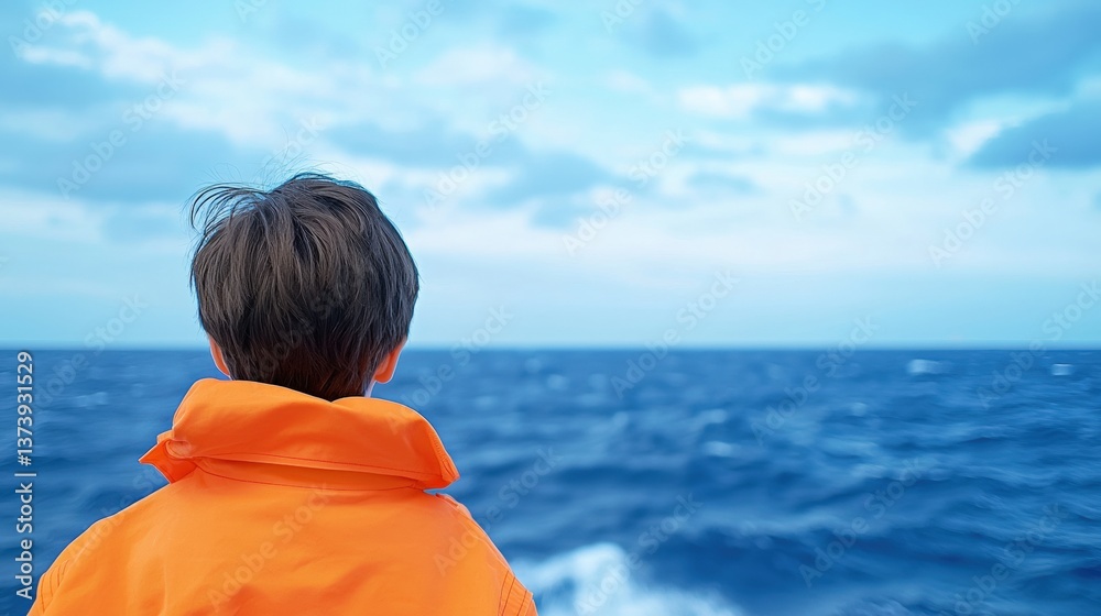 A person in an orange jacket gazes at the vast ocean under a cloudy sky, evoking a sense of adventure and contemplation. A person in an orange jacket gazes at the vast ocean under a cloudy sky, evoking a sense of adventure and contemplation.