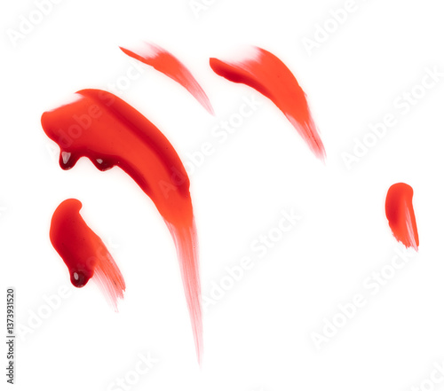 Bloody smudged fingerprints isolated on white background. Flowing bloody stains, splashes and drops. Trail and drips red blood close up