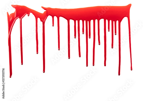 Dripping blood isolated on white background. Flowing bloody stains, splashes and drops. Trail and drips red blood close up