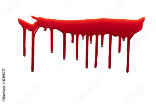 Dripping blood isolated on white background. Flowing bloody stains, splashes and drops. Trail and drips red blood close up