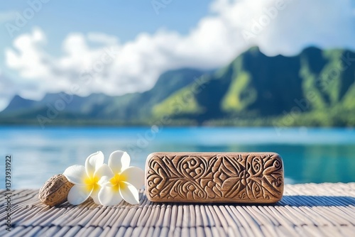 Traditional paipo board on woven lauhala mat, plumeria flowers and kukui nuts nearby