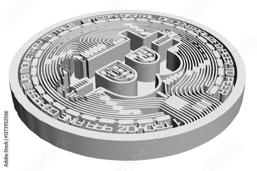 A coin with a digital design of a Bitcoin on it. The coin is white and has a black border