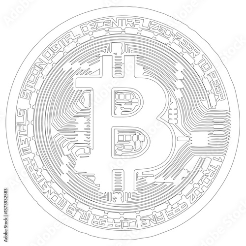 A black and white drawing of a Bitcoin on a white background. The Bitcoin is outlined in black and the rest of the circle is white
