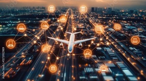 Airplane Connecting with Digital Network Over Urban Landscape at Dusk