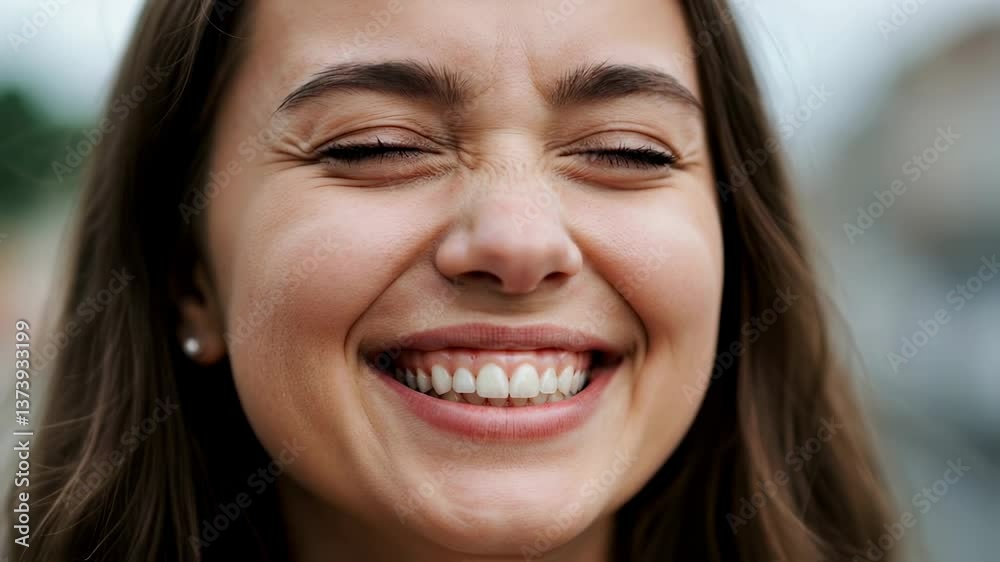 Close-up face of a young woman genuinely laughing with closed eyes and a wide smile, conveying pure happiness, joy, and positive emotion in a natural setting outdoors Close-up face of a young woman genuinely laughing with closed eyes and a wide smile, conveying pure happiness, joy, and positive emotion in a natural setting outdoors