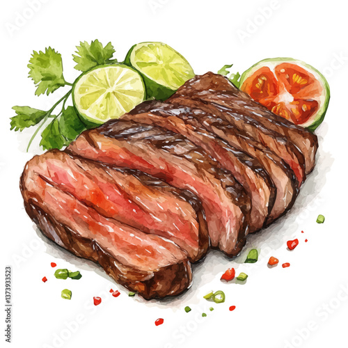 A watercolor vector of carne asada, isolated on a white background. Carne asada vector.

