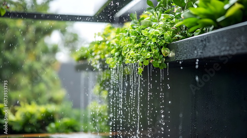 Lush Green Plants Cascading Water Drops Vertical Garden Oasis