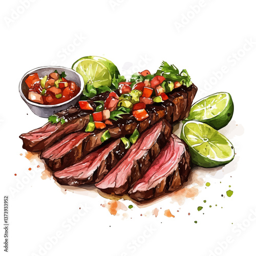 A watercolor vector of carne asada, isolated on a white background. Carne asada vector.

