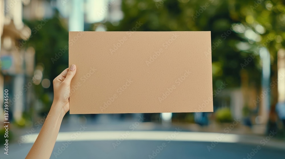 A hand holds a blank cardboard sign against a blurred urban background, suggesting a message or announcement. A hand holds a blank cardboard sign against a blurred urban background, suggesting a message or announcement.