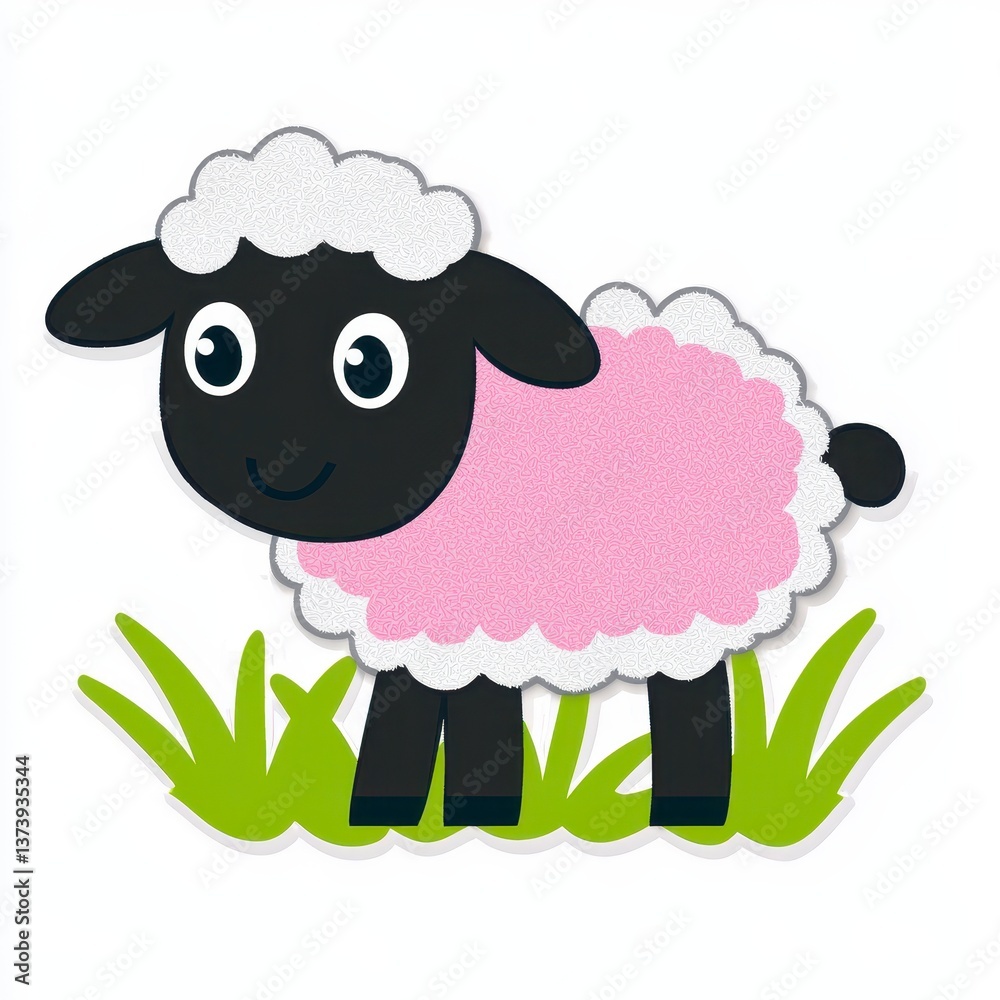 Obraz premium Cute Pink Cartoon Sheep in Green Grass Illustration