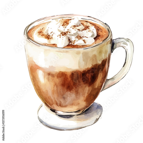 A watercolor vector of a cappuccino, isolated on a white background. Cappuccino vector.

