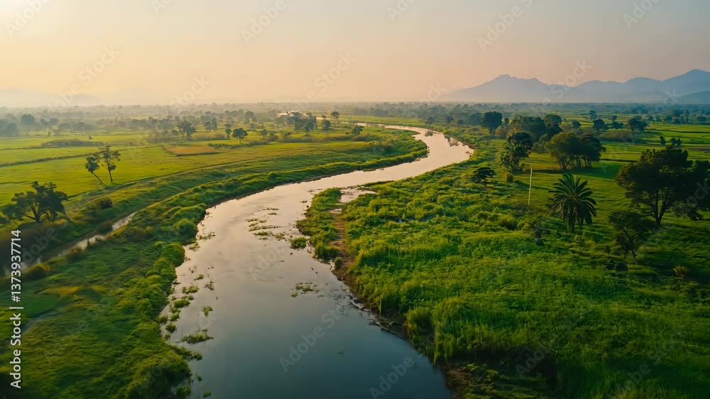 Stunning view of a winding river through lush green fields at sunset in a rural landscape Stunning view of a winding river through lush green fields at sunset in a rural landscape