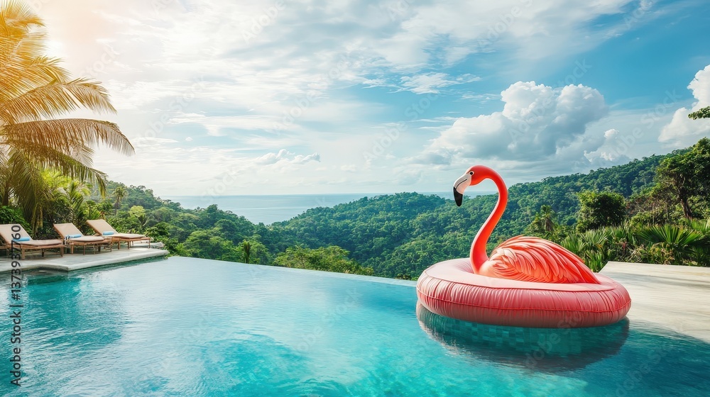 A floating flamingo pool float in a luxurious infinity pool overlooking a tropical paradise. A floating flamingo pool float in a luxurious infinity pool overlooking a tropical paradise.