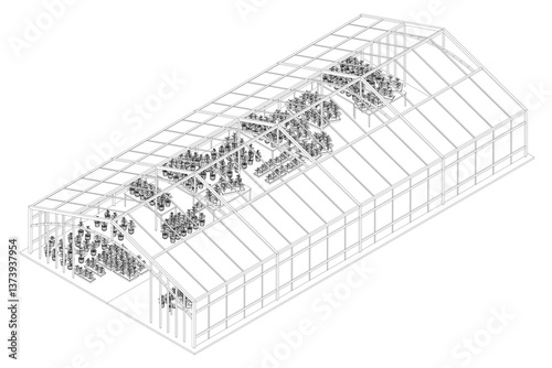 A drawing of a greenhouse with many plants inside. The drawing is in black and white. The greenhouse is very large and has many plants inside