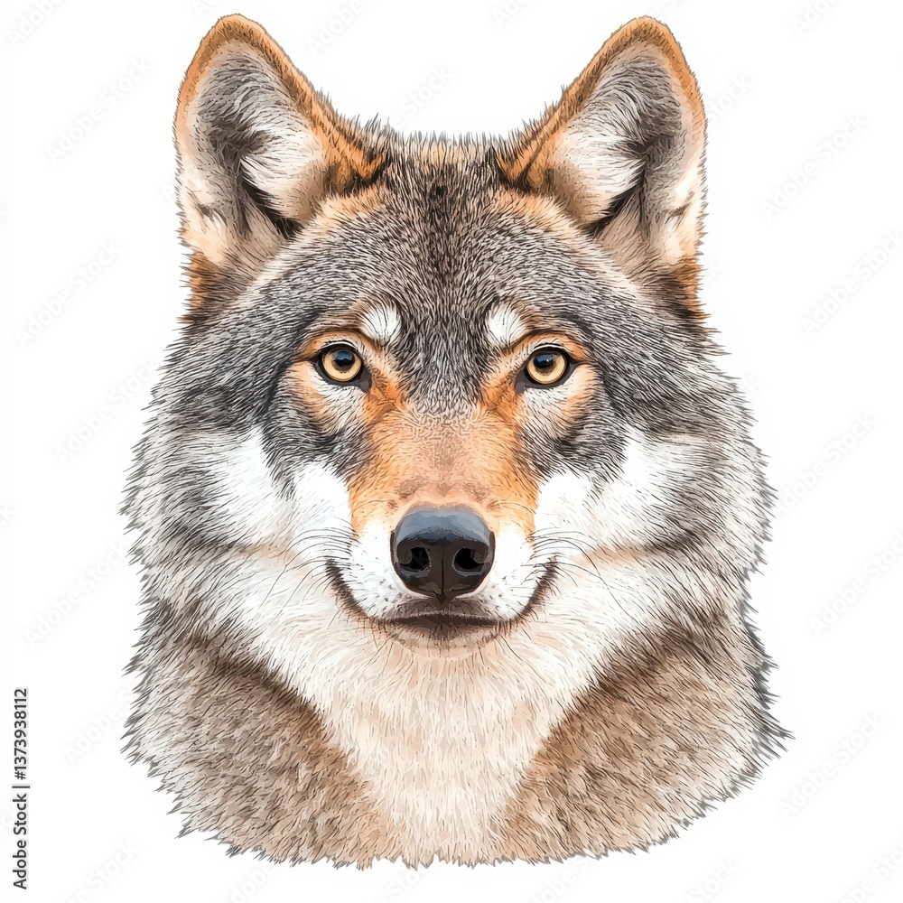 Fototapeta premium Detailed Wolf Portrait Against White Background