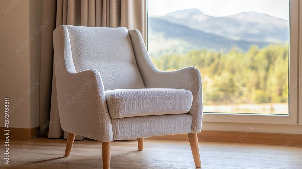 Fototapeta premium minimalist interior design neutral tones mindfulness Cozy armchair by a large window with a scenic mountain view in a bright interior.