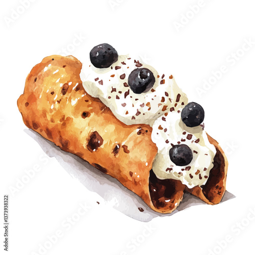 A watercolor vector of a cannoli, isolated on a white background. Cannoli vector.


