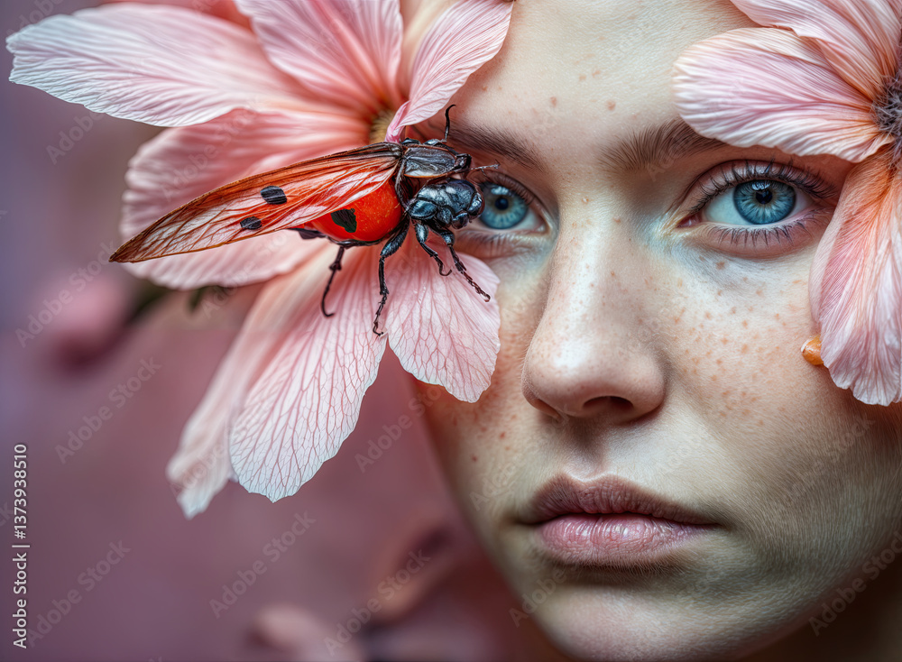 A ladybug rests delicately on a flower petal, positioned near a woman's eye.