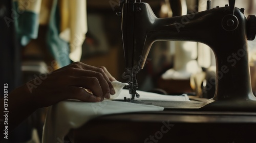 Sewing fabric with an old sewing machine in a cozy workshop during the afternoon