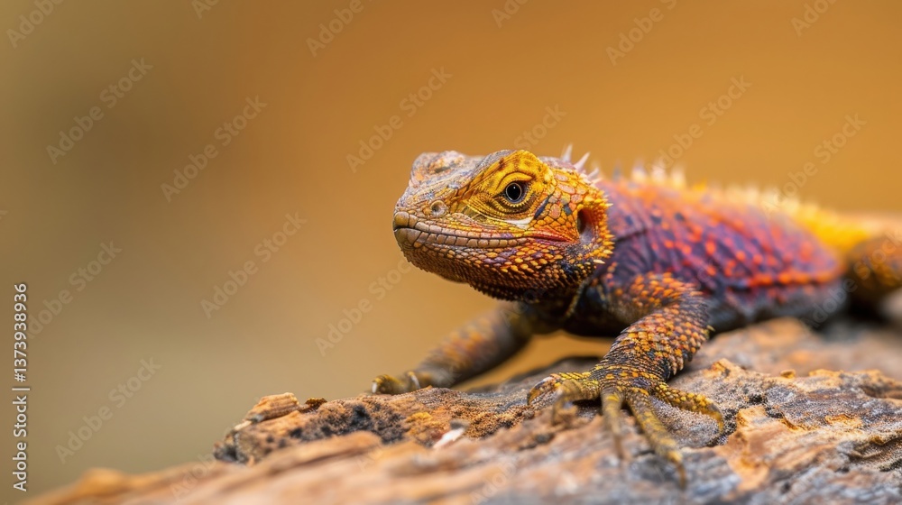 Obraz premium Vibrant Agama Lizard on Wood, Close up of a colorful agama lizard on a log.